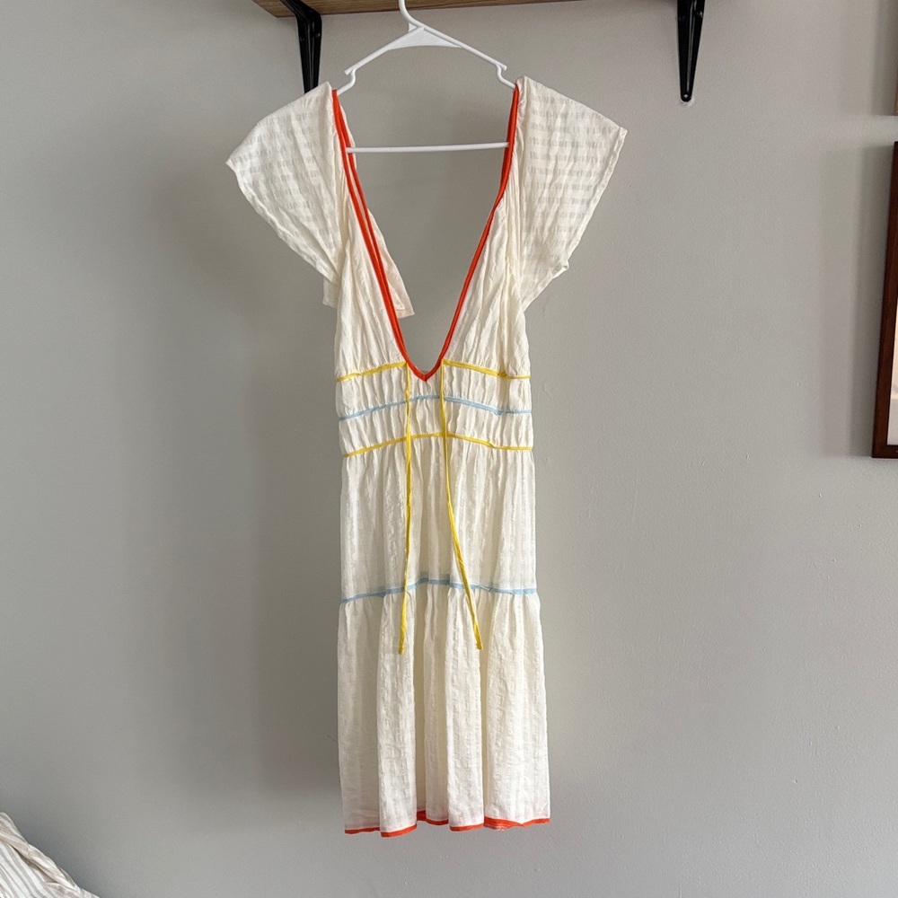 Anthropologie White Midi Dress with Orange and Yellow Accents